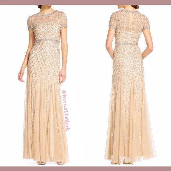 New Adrianna Papell beaded short sleeve mesh gown - Picture 4 of 15